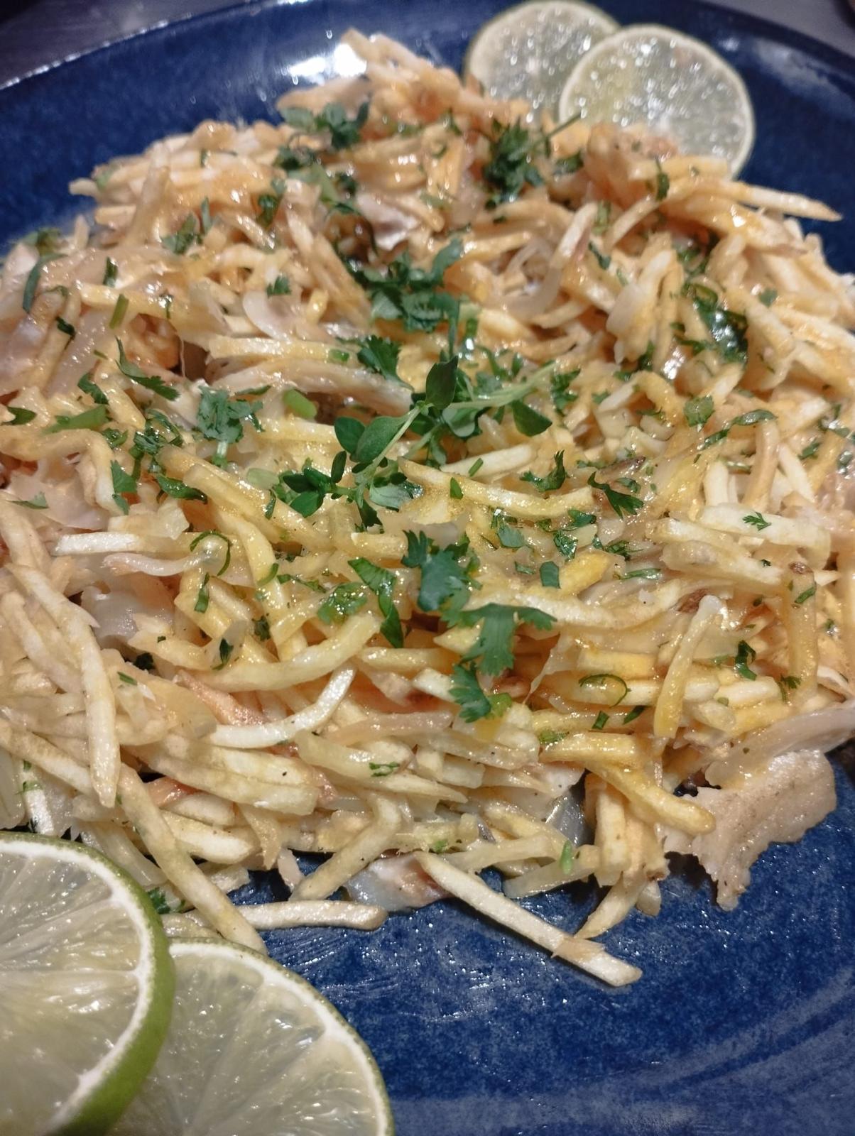 Traditional fried cuttlefish julienne with herbs